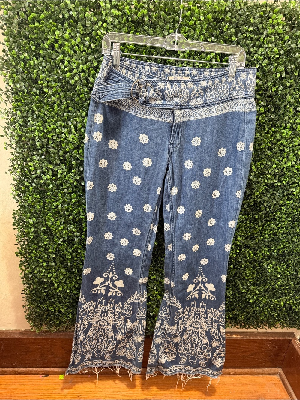 We The Free Blue Embroidered Flare Jeans with White Floral Motif